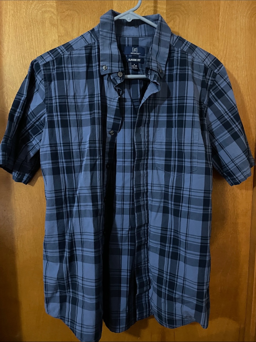 George Blue and Black Plaid Short-Sleeve Button-Down Shirt